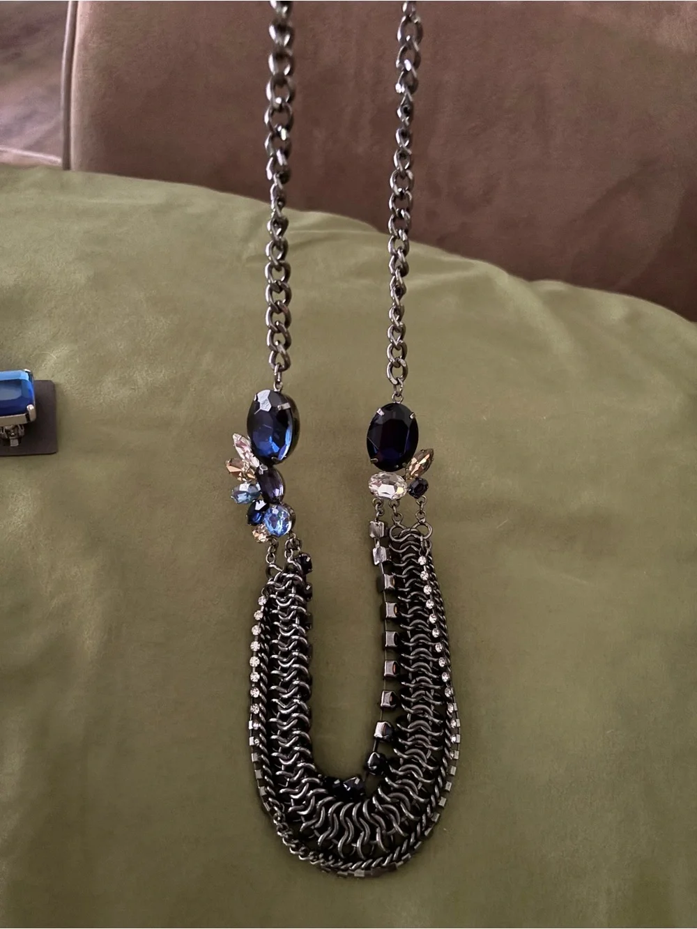 Chico's Navy and Light Blue Crystal Multi-Chain Necklace with Clip-On Earrings